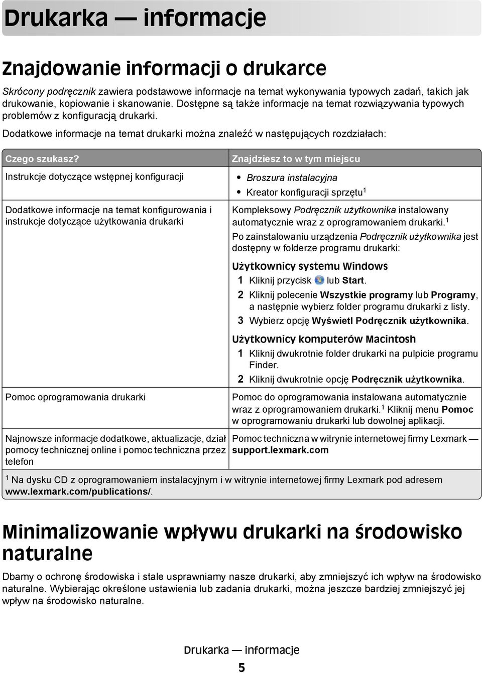 Instrukcje dotyczące wstępnej konfiguracji Dodatkowe informacje na temat konfigurowania i instrukcje dotyczące użytkowania drukarki Pomoc oprogramowania drukarki Najnowsze informacje dodatkowe,