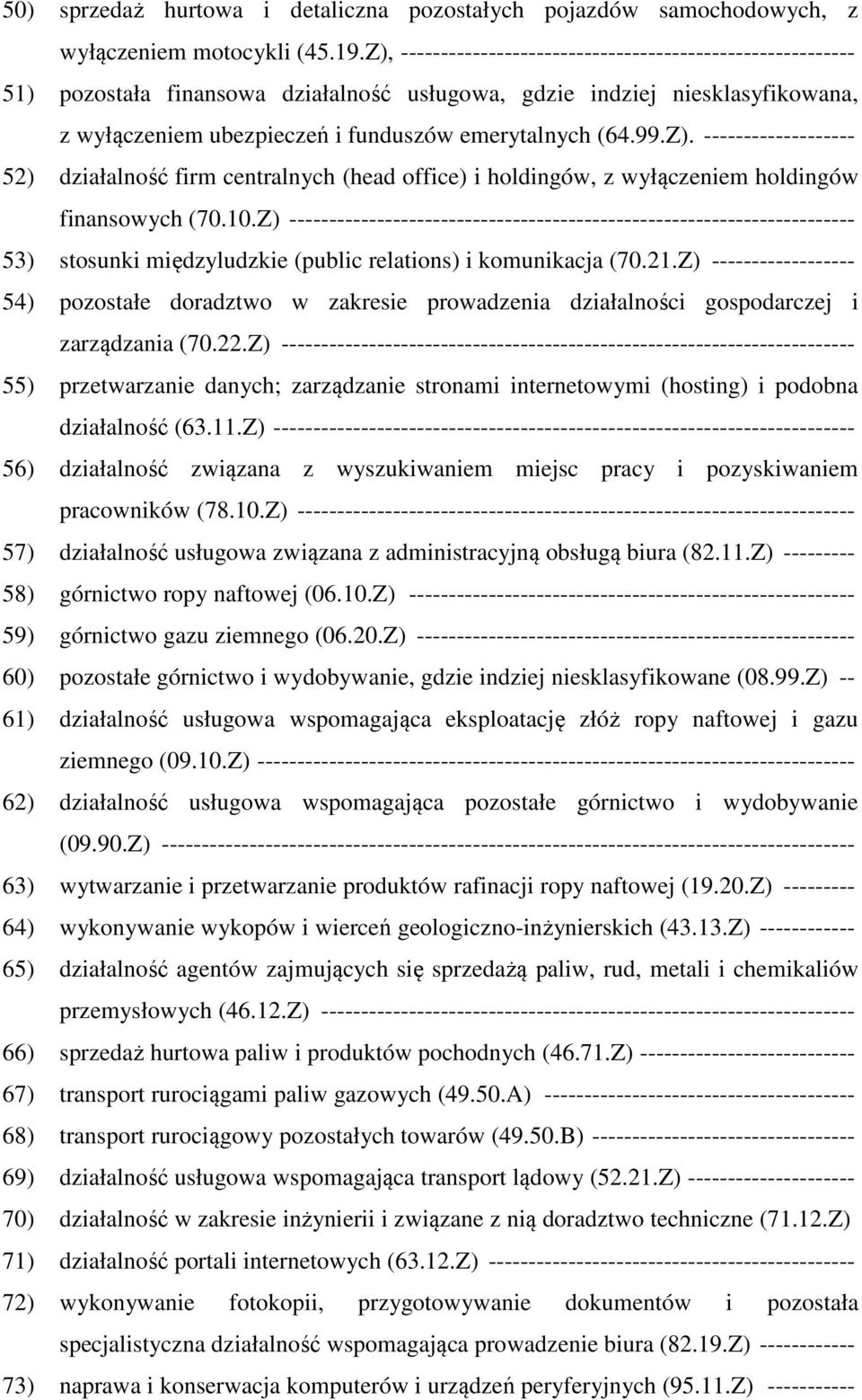 Z). ------------------- 52) działalność firm centralnych (head office) i holdingów, z wyłączeniem holdingów finansowych (70.10.