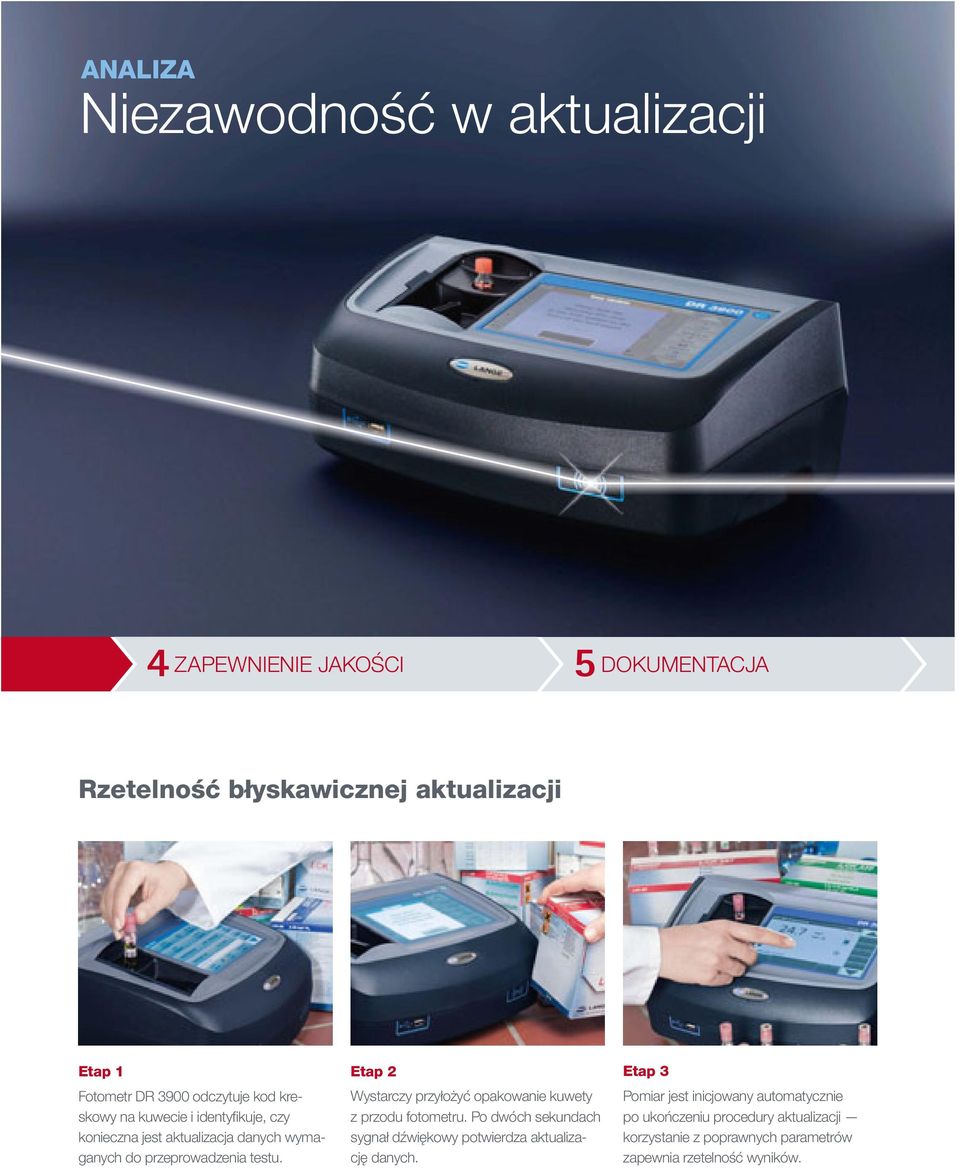 Etap 2 Wystarczy przyłożyć opakowanie kuwety z przodu fotometru. Po dwóch sekundach sygnał dźwiękowy potwierdza aktualizację danych.