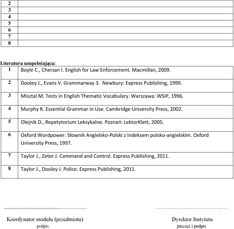 Cambridge University Press, 200 5 Olejnik D., Repetytorium Leksykalne. Poznań: LektorKlett, 200 6 Oxford Wordpower. Słownik Angielsko-Polski z indeksem polsko-angielskim.