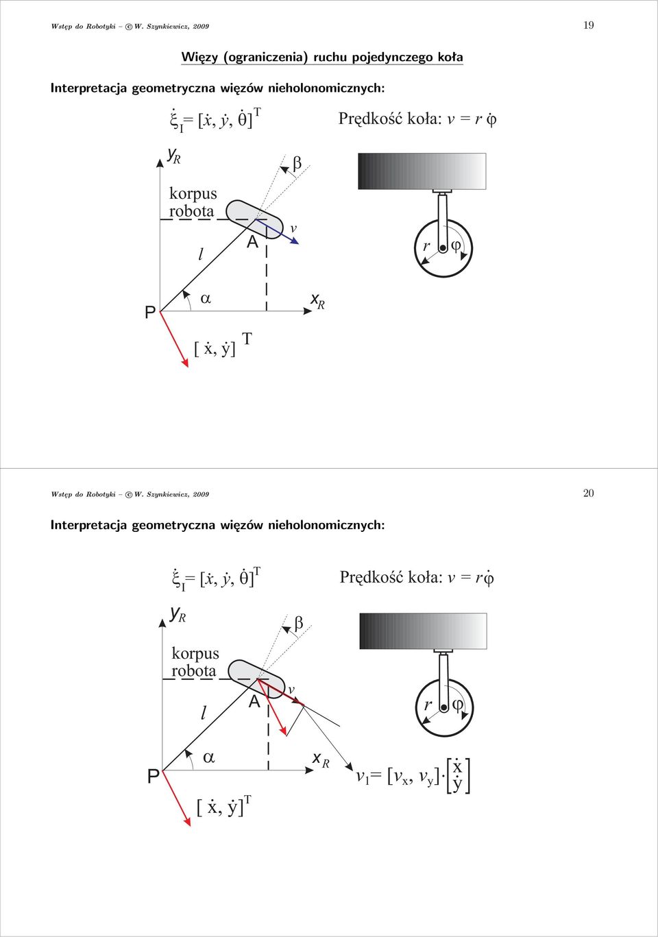 nieholonomicznych: = [ x, y, ] y R I korpus robota l T A v Prêdkoœæ ko³a: v = r r P.