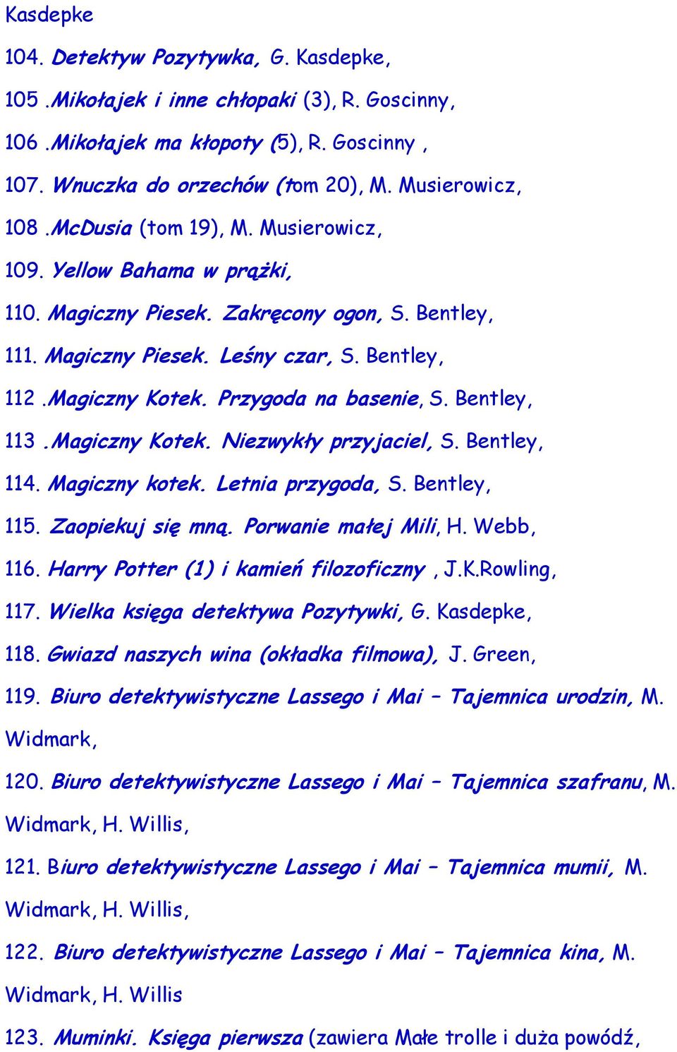 Przygoda na basenie, S. Bentley, 113.Magiczny Kotek. Niezwykły przyjaciel, S. Bentley, 114. Magiczny kotek. Letnia przygoda, S. Bentley, 115. Zaopiekuj się mną. Porwanie małej Mili, H. Webb, 116.