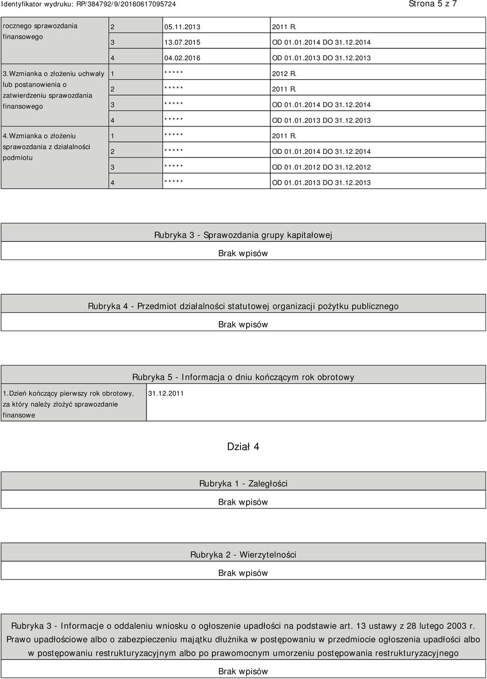 Wzmianka o złożeniu sprawozdania z działalności podmiotu 1 ***** 2011 R. 2 ***** OD 01.01.2014 DO 31.12.