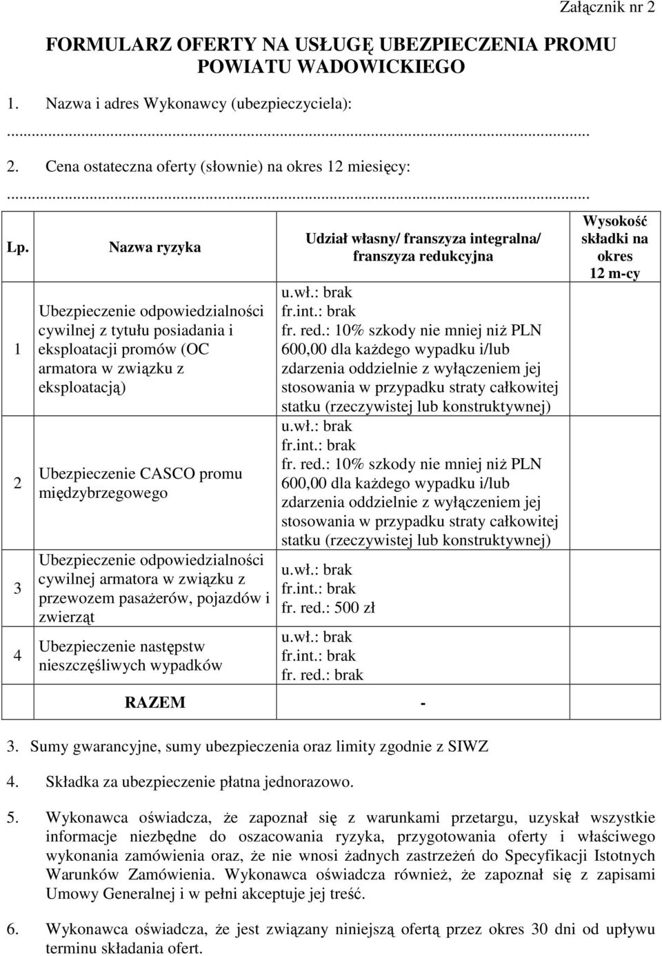 odpowiedzialności cywilnej armatora w związku z przewozem pasażerów, pojazdów i zwierząt Ubezpieczenie następstw nieszczęśliwych wypadków Udział własny/ franszyza integralna/ franszyza redukcyjna u.
