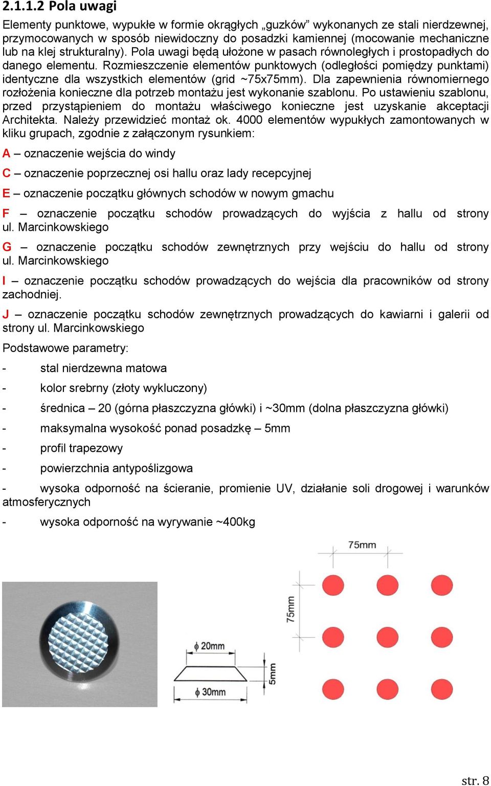 Rozmieszczenie elementów punktowych (odległości pomiędzy punktami) identyczne dla wszystkich elementów (grid ~75x75mm).