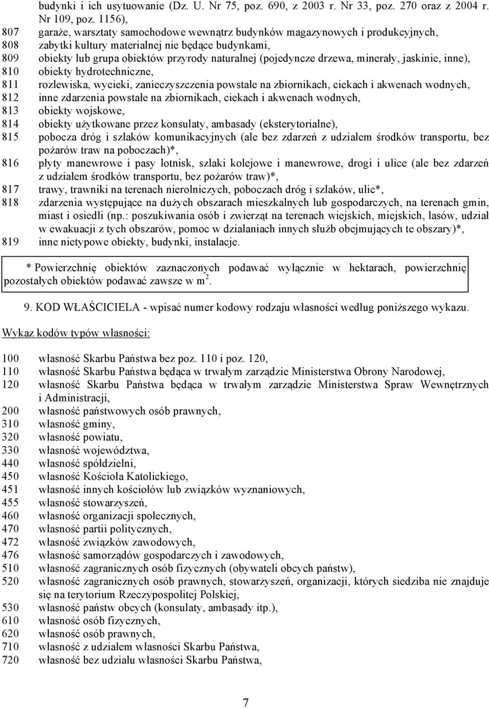 (pojedyncze drzewa, minerały, jaskinie, inne), 810 obiekty hydrotechniczne, 811 rozlewiska, wycieki, zanieczyszczenia powstałe na zbiornikach, ciekach i akwenach wodnych, 812 inne zdarzenia powstałe