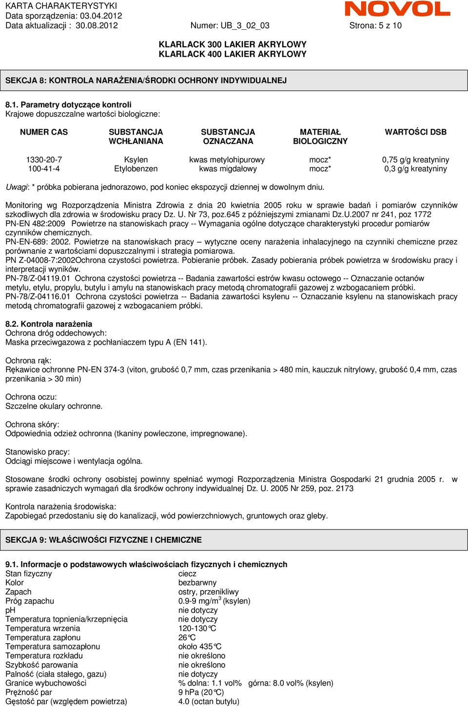 SEKCJA 8: KONTROLA NARAśENIA/ŚRODKI OCHRONY INDYWIDUALNEJ 8.1.