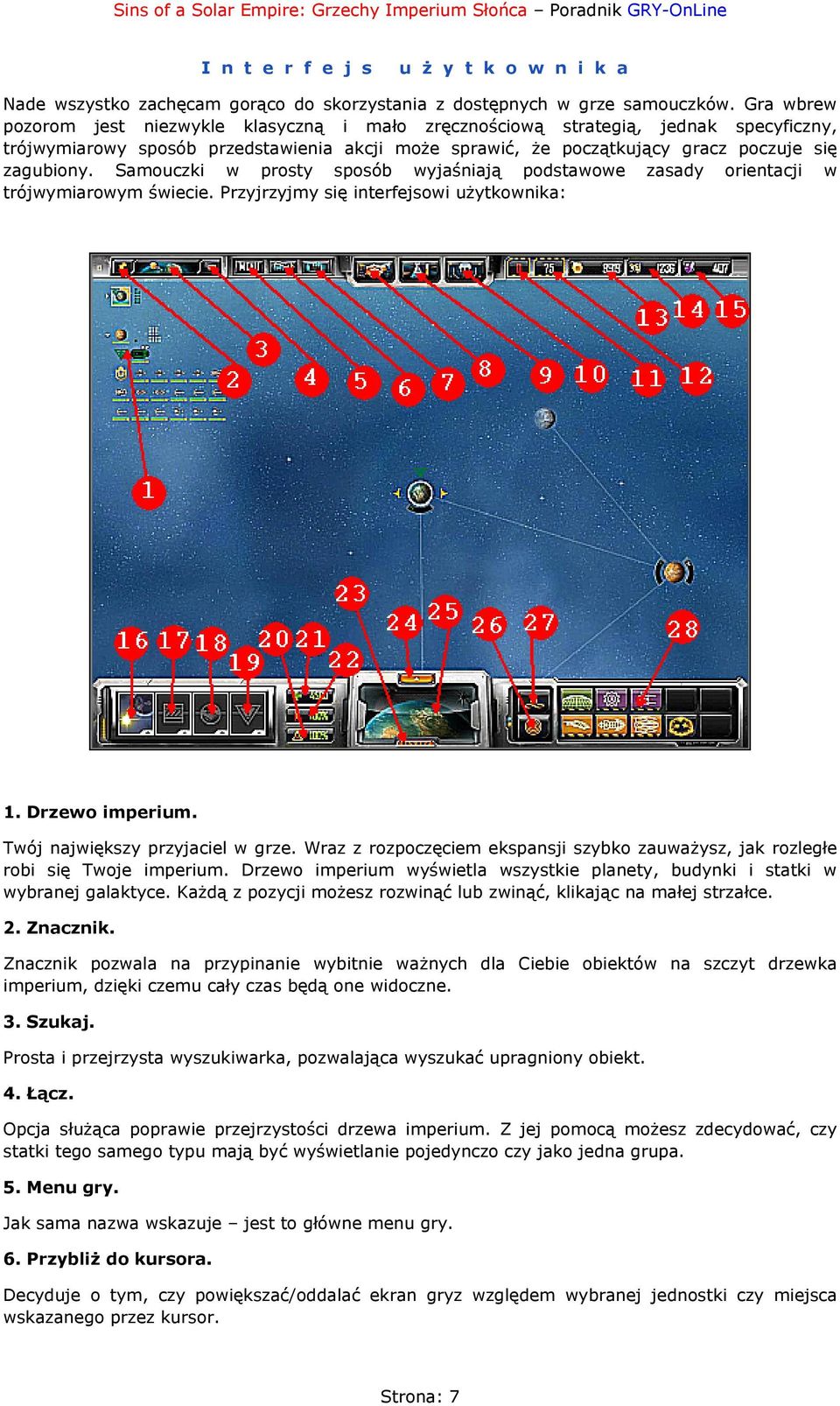 Samouczki w prosty sposób wyjaśniają podstawowe zasady orientacji w trójwymiarowym świecie. Przyjrzyjmy się interfejsowi użytkownika: 1. Drzewo imperium. Twój największy przyjaciel w grze.