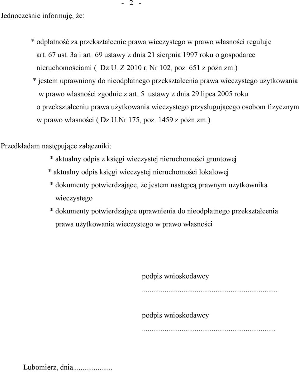 Burmistrz Gminy i Miasta Lubomierz WNIOSEK O PRZEKSZTAŁCENIE UŻYTKOWANIA  WIECZYSTEGO W PRAWO WŁASNOŚCI - PDF Darmowe pobieranie