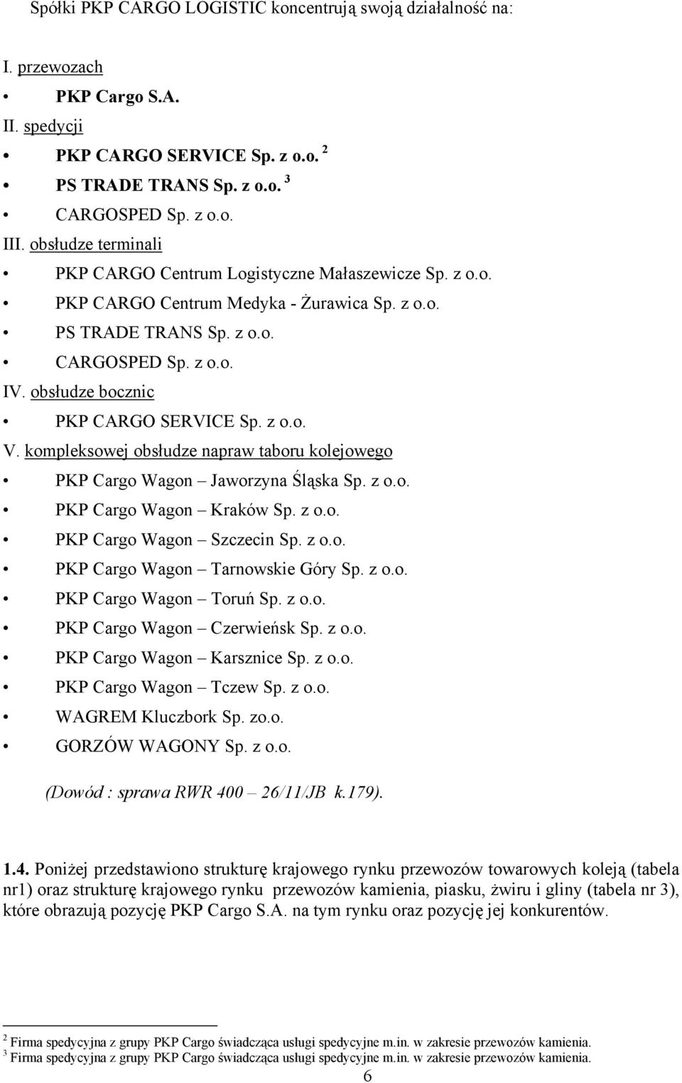 obsłudze bocznic PKP CARGO SERVICE Sp. z o.o. V. kompleksowej obsłudze napraw taboru kolejowego PKP Cargo Wagon Jaworzyna Śląska Sp. z o.o. PKP Cargo Wagon Kraków Sp. z o.o. PKP Cargo Wagon Szczecin Sp.