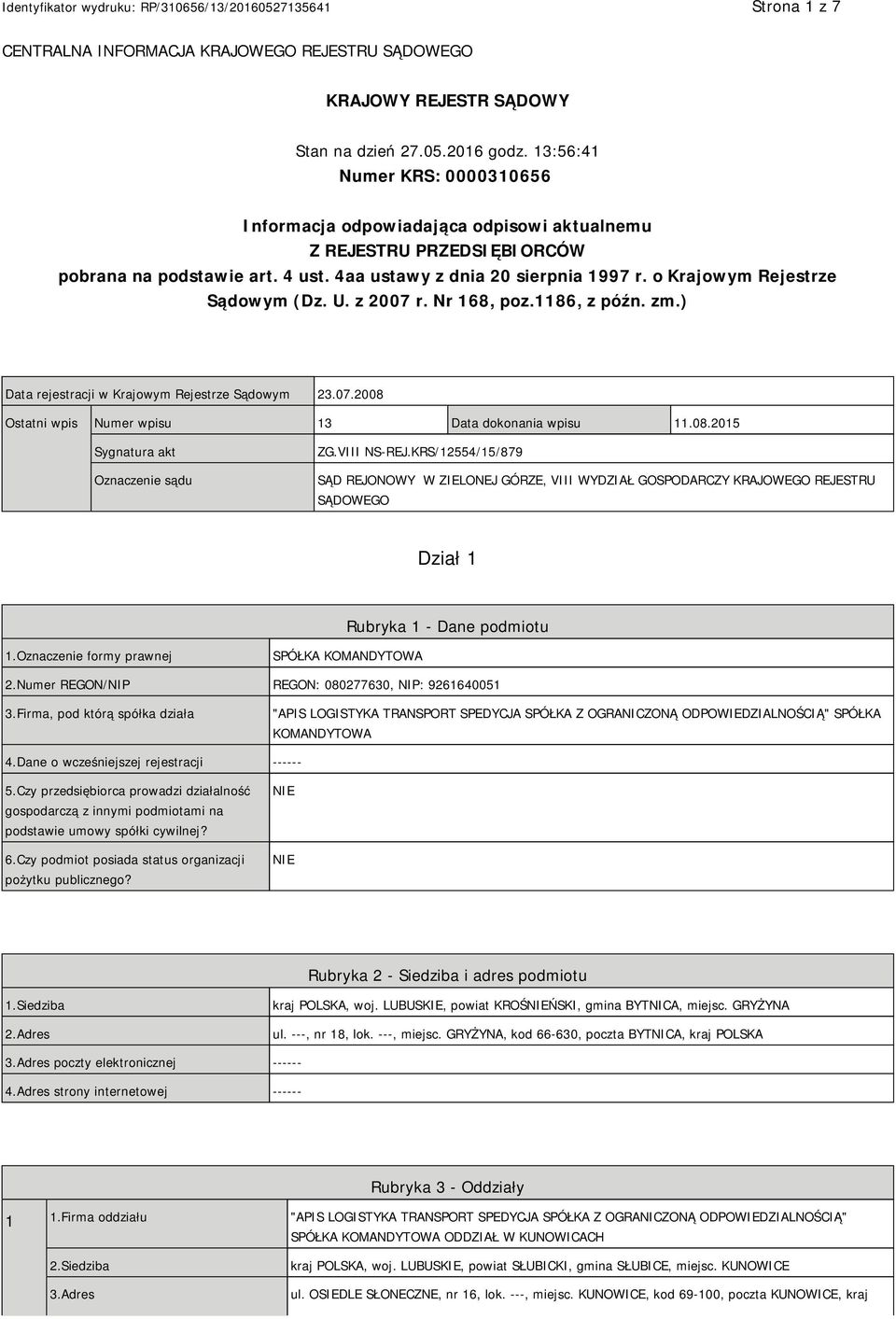 o Krajowym Rejestrze Sądowym (Dz. U. z 2007 r. Nr 168, poz.1186, z późn. zm.) Data rejestracji w Krajowym Rejestrze Sądowym 23.07.2008 Ostatni wpis Numer wpisu 13 Data dokonania wpisu 11.08.2015 Sygnatura akt Oznaczenie sądu ZG.