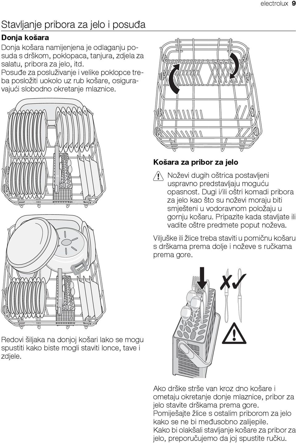 Košara za pribor za jelo Noževi dugih oštrica postavljeni uspravno predstavljaju moguću opasnost.
