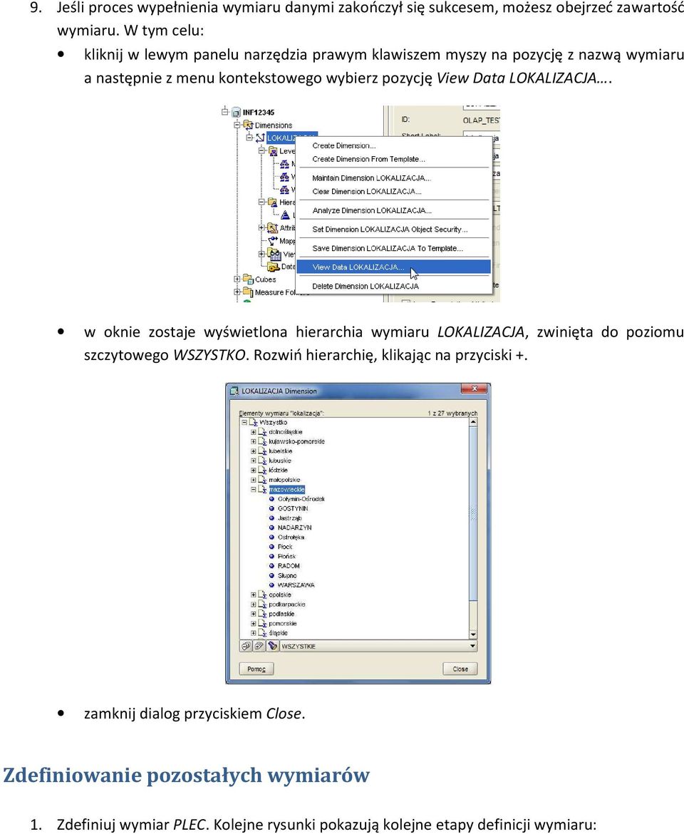 pozycję View Data LOKALIZACJA. w oknie zostaje wyświetlona hierarchia wymiaru LOKALIZACJA, zwinięta do poziomu szczytowego WSZYSTKO.