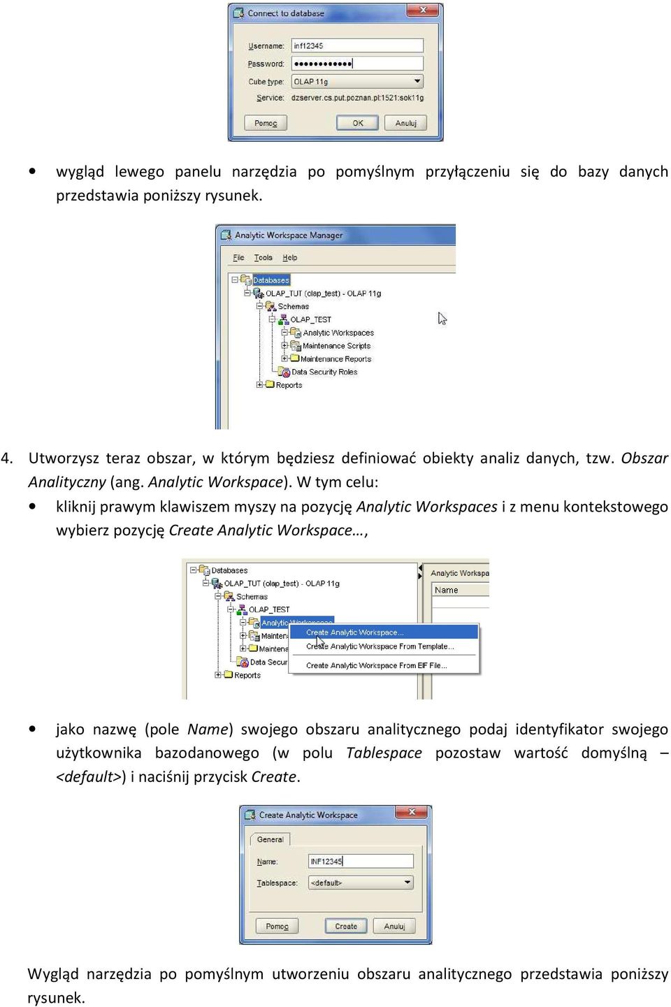 W tym celu: kliknij prawym klawiszem myszy na pozycję Analytic Workspaces i z menu kontekstowego wybierz pozycję Create Analytic Workspace, jako nazwę (pole Name)