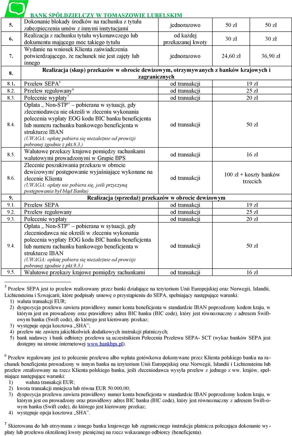 potwierdzającego, że rachunek nie jest zajęty lub jednorazowo 24,60 zł 36,90 zł innego 8. Realizacja (skup) przekazów w obrocie dewizowym, otrzymywanych z banków krajowych i zagranicznych 8.1.