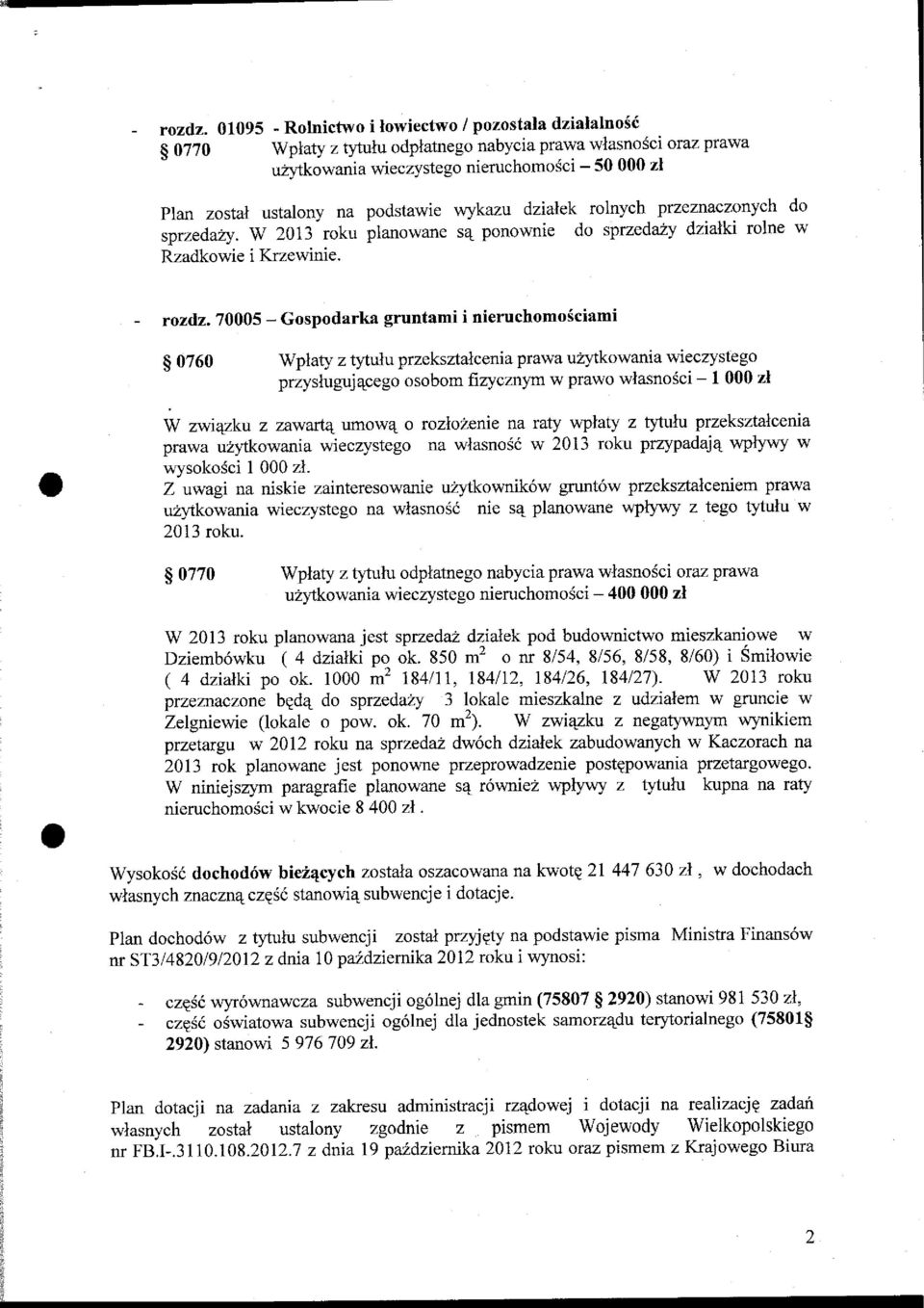 Planzostalustalonynapodstawiewykazudzialekrolnychprzeznaczonychdo sprzeda;ry. W 2013 roku planowane sq ponownie do sprzedazy dziaiki rolne w Rzadkowie i Krzewinie. - rozdz.