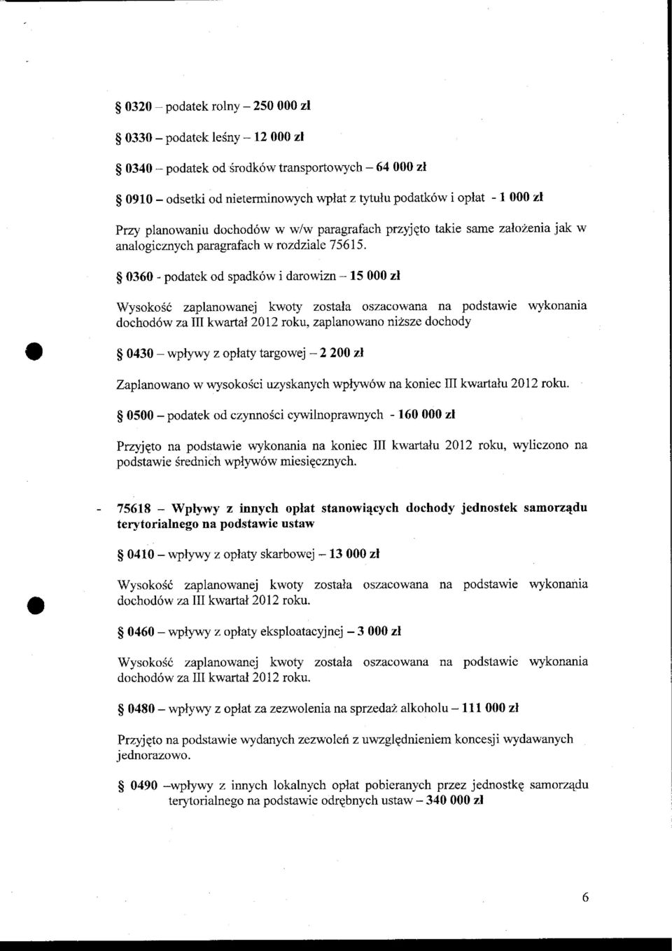 $ 0360 - podatek od spadk6w i darowizn - 15000 zl WysokoS6 zaplanowanej kwoty zostala oszacowara na podstawie wykonania dochod6w za III kwa:rtal2012 roku, zaplanowano nizsze dochody O