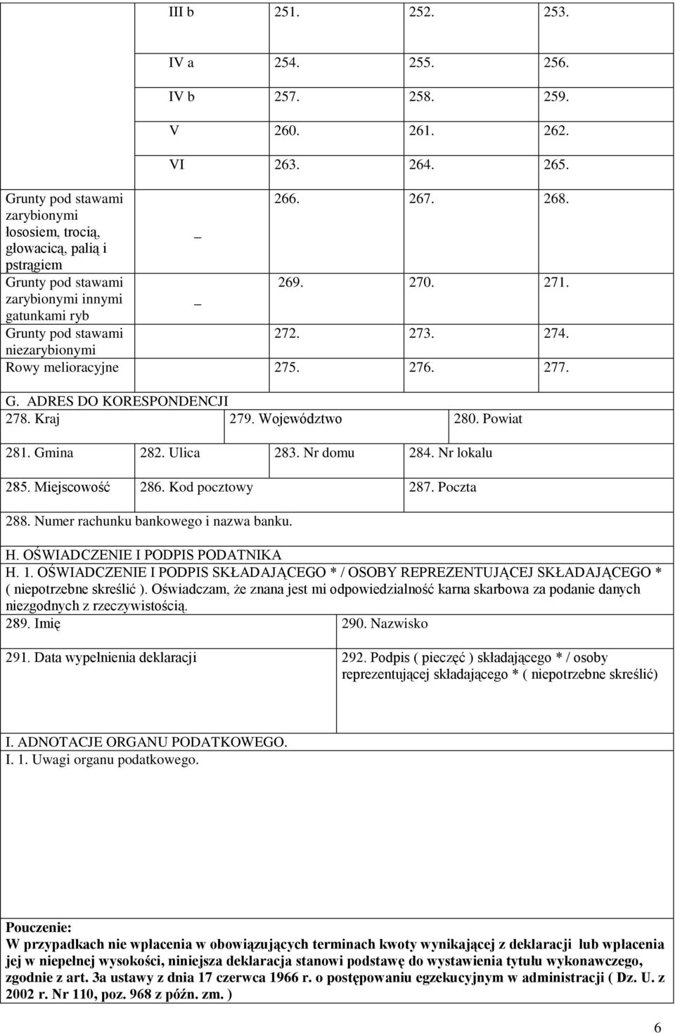 niezarybionymi Rowy melioracyjne 275. 276. 277. G. ADRES DO KORESPONDENCJI 278. Kraj 279. Województwo 280. Powiat 281. Gmina 282. Ulica 283. Nr domu 284. Nr lokalu 285. Miejscowość 286.