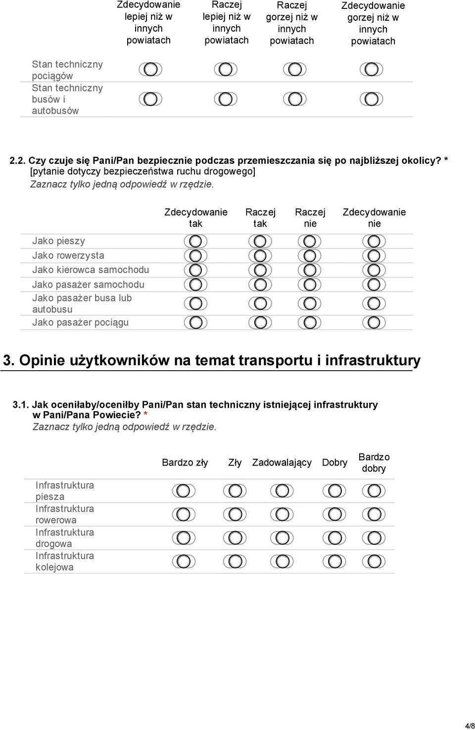 * [pytanie dotyczy bezpieczeństwa ruchu drogowego] tak tak nie nie Jako pieszy Jako rowerzysta Jako kierowca samochodu Jako pasażer samochodu Jako pasażer busa lub autobusu