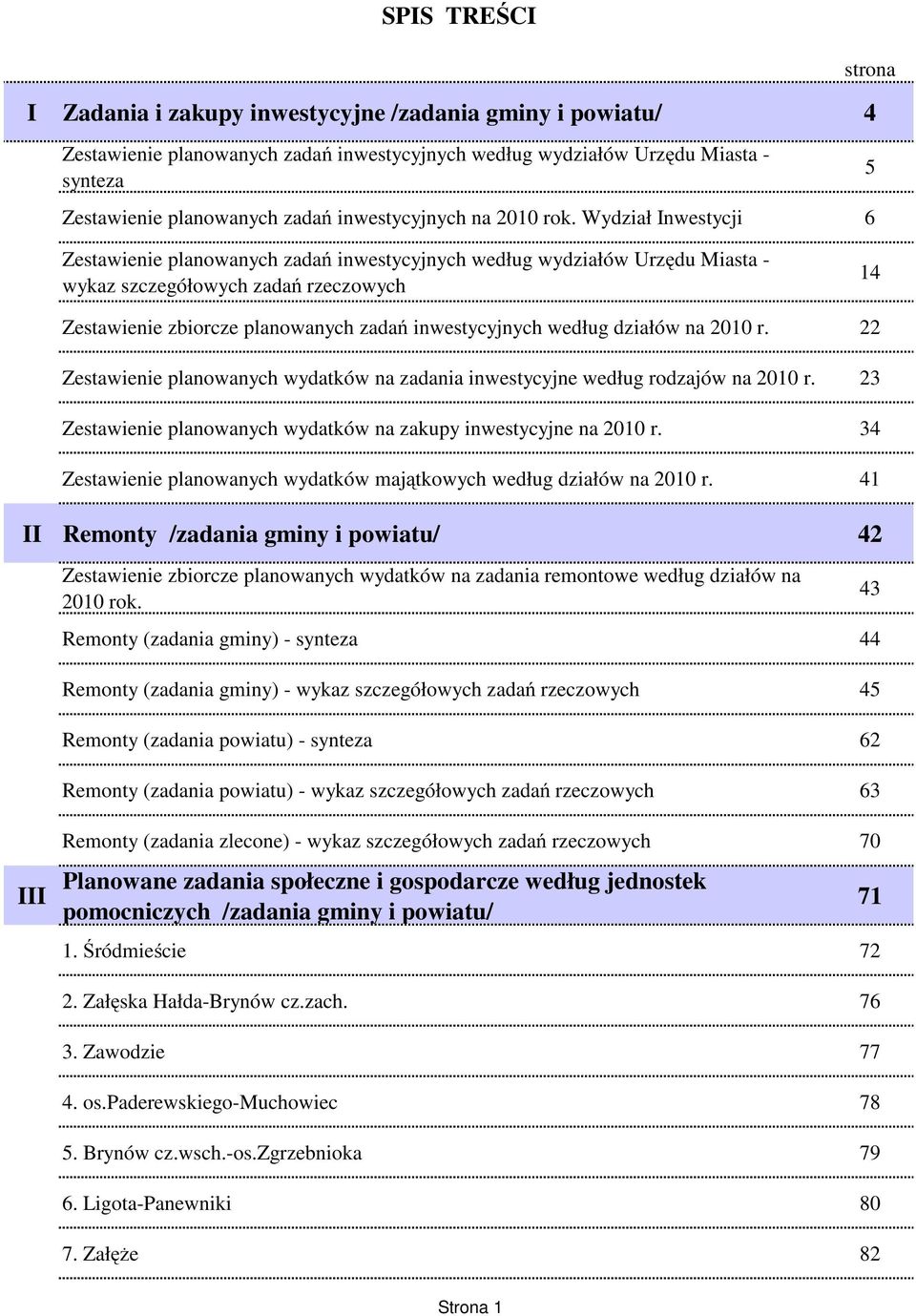 Wydział Inwestycji 6 strona 5 Zestawienie planowanych zadań inwestycyjnych według wydziałów Urzędu Miasta - wykaz szczegółowych zadań rzeczowych 14 Zestawienie zbiorcze planowanych zadań