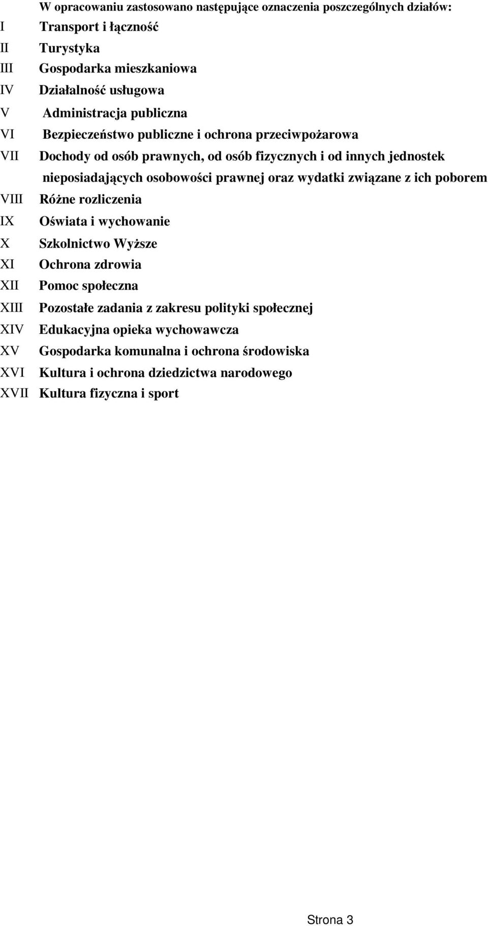 wydatki związane z ich poborem VIII Różne rozliczenia IX Oświata i wychowanie X Szkolnictwo Wyższe XI Ochrona zdrowia XII Pomoc społeczna XIII Pozostałe zadania z zakresu