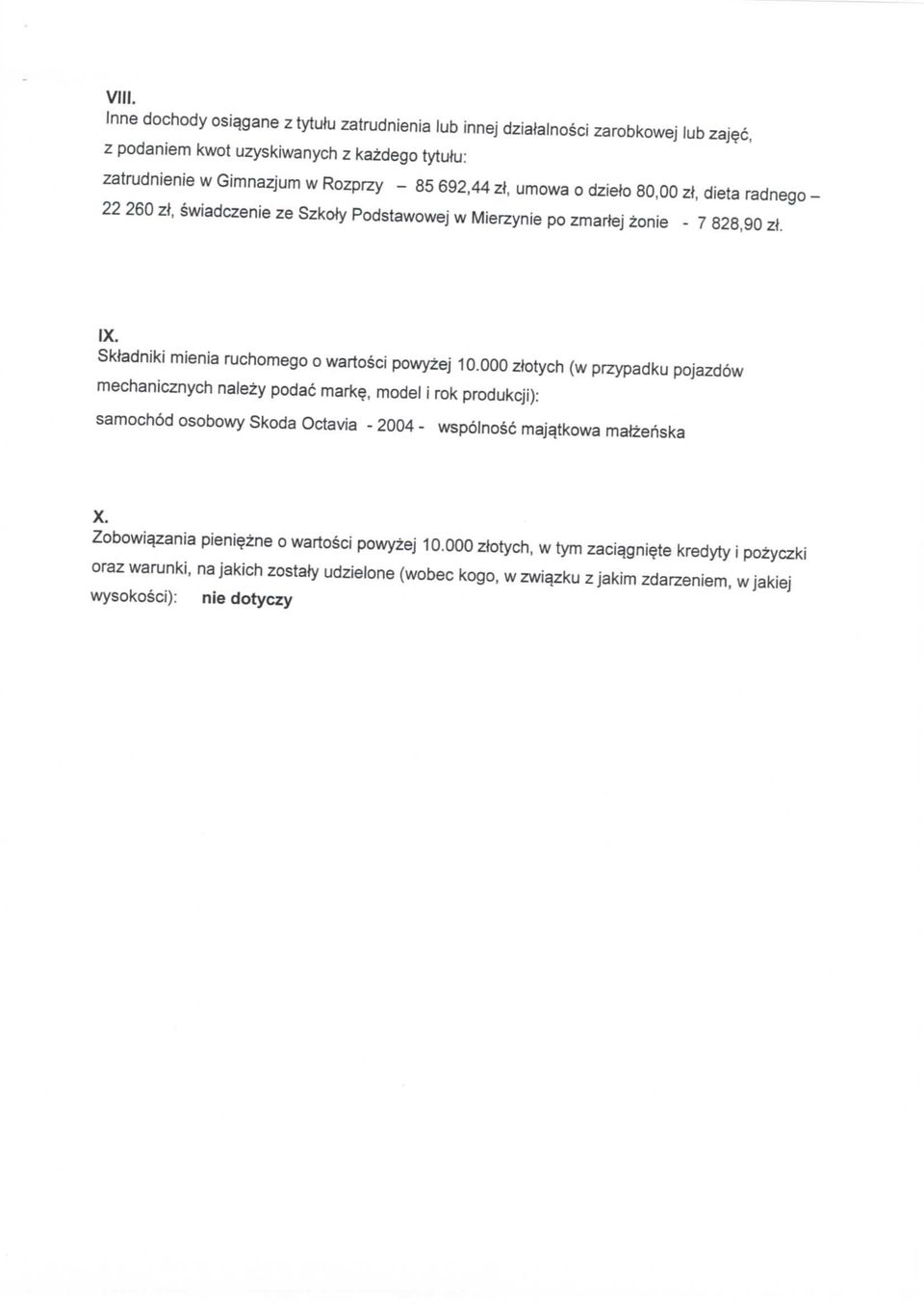 80,00 zt, dieta radnego - 22 260 zf, swiadczenie ze Szkoty Podstawowej w Mierzynie po zmartej zonie - 7 828,90 zt. IX. Sktedniki mienia ruchomego o wartosci powyzej 10.