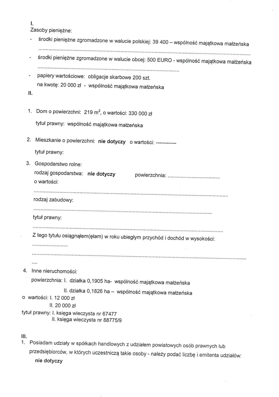 Dom o powierzchni: 219 m2, o wartosci: 330 000 zl tytul prawny: wspolnosc majatkowa malzeriska 2. Mieszkanie o powierzchni: o wartosci: tytul prawny: 3.