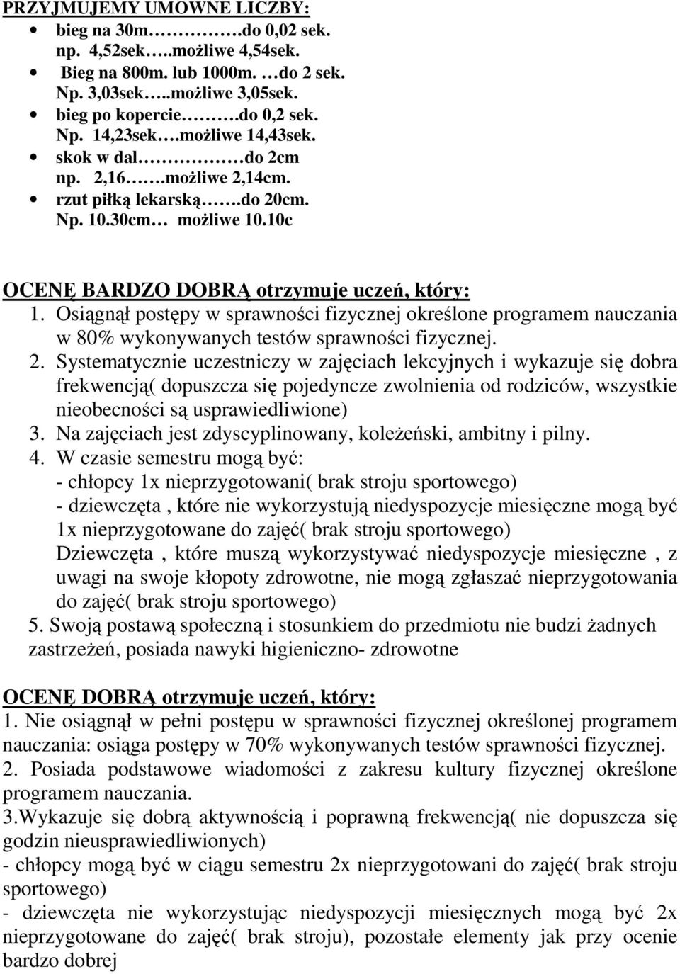 Osiągnął postępy w sprawności fizycznej określone programem nauczania w 80% wykonywanych testów sprawności fizycznej. 2.