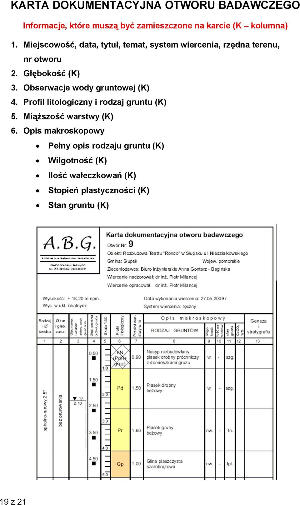 Obserwacje wody gruntowej (K) 4. Profil litologiczny i rodzaj gruntu (K) 5. Miąższość warstwy (K) 6.