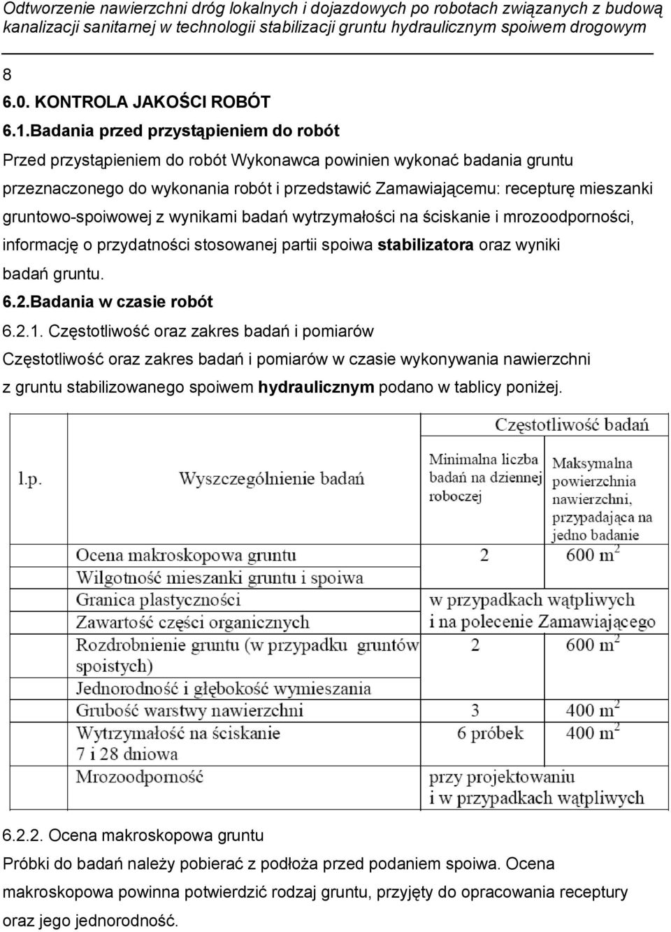 gruntowo-spoiwowej z wynikami badań wytrzymałości na ściskanie i mrozoodporności, informację o przydatności stosowanej partii spoiwa stabilizatora oraz wyniki badań gruntu. 6.2.