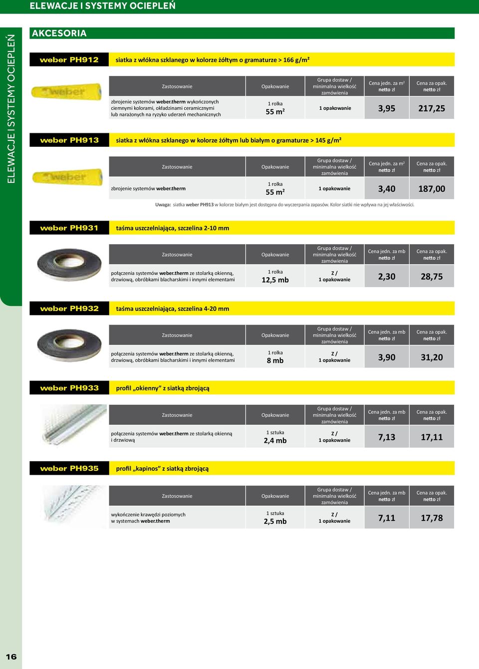 Zastosowanie zbrojenie systemów weber.therm Cena jedn. za m 2 1 rolka 55 m 2 1 3,95 217,25 Cena jedn.