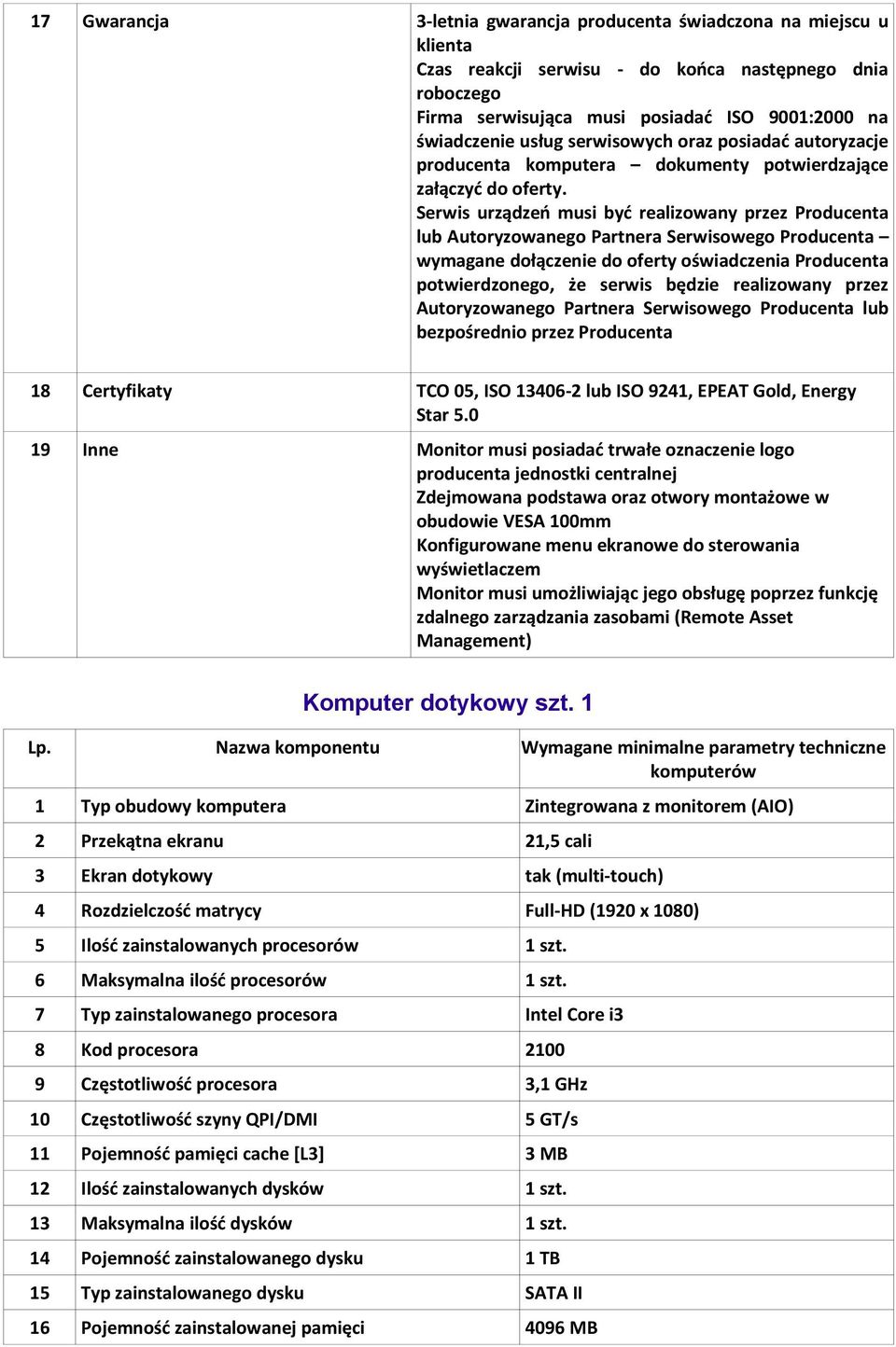 Serwis urządzeń musi być realizowany przez Producenta lub Autoryzowanego Partnera Serwisowego Producenta wymagane dołączenie do oferty oświadczenia Producenta potwierdzonego, że serwis będzie