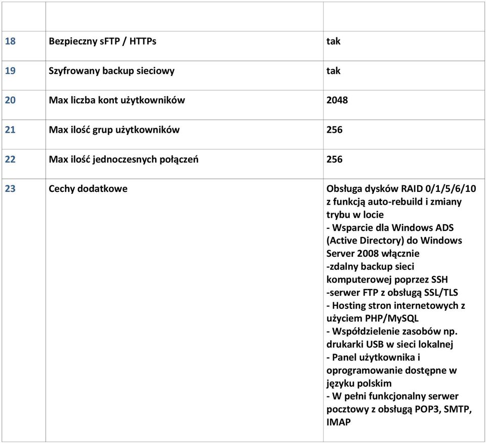 Server 2008 włącznie -zdalny backup sieci komputerowej poprzez SSH -serwer FTP z obsługą SSL/TLS - Hosting stron internetowych z użyciem PHP/MySQL - Współdzielenie