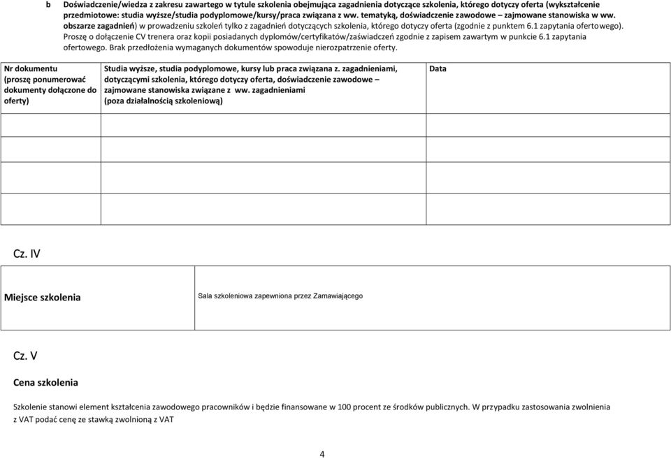 obszarze zagadnień) w prowadzeniu szkoleń tylko z zagadnień dotyczących szkolenia, którego dotyczy oferta (zgodnie z punktem 6.1 zapytania ofertowego).