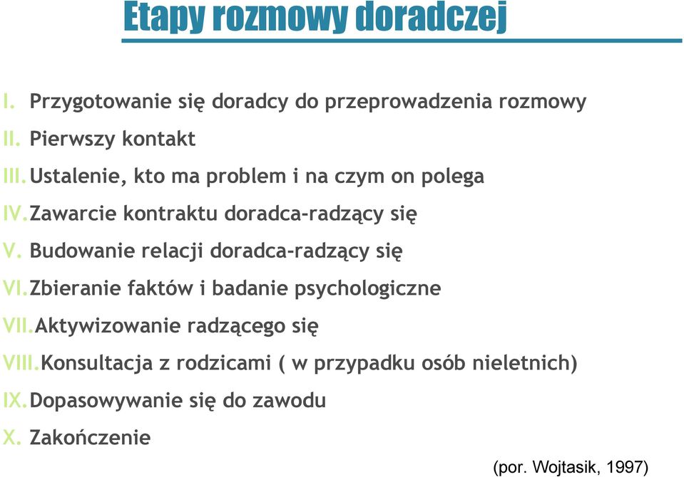 Budowanie relacji doradca-radzący się VI.Zbieranie faktów i badanie psychologiczne VII.