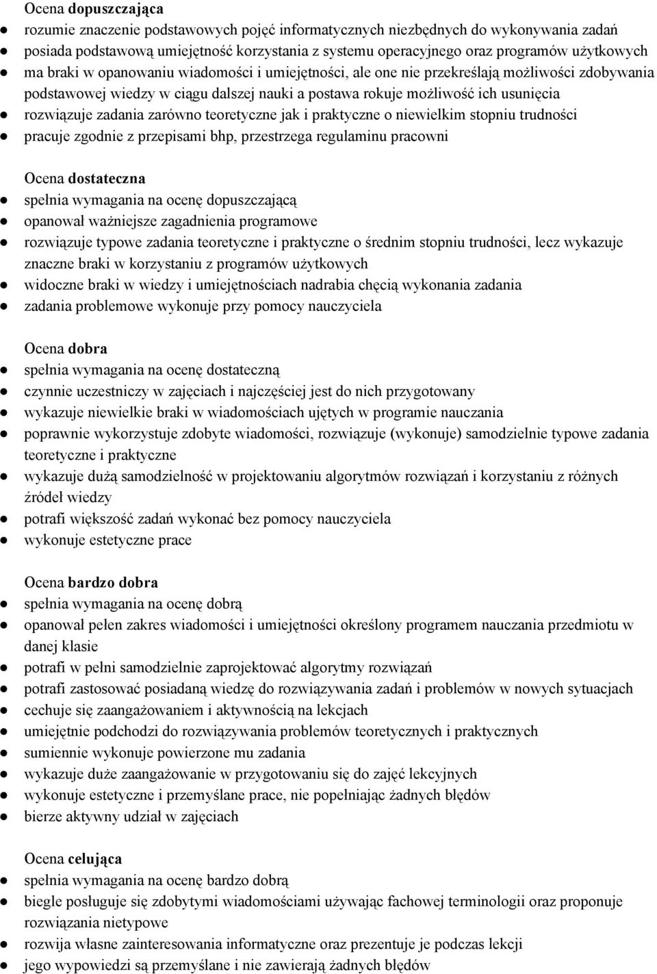 zarówno teoretyczne jak i praktyczne o niewielkim stopniu trudności pracuje zgodnie z przepisami bhp, przestrzega regulaminu pracowni Ocena dostateczna spełnia wymagania na ocenę dopuszczającą