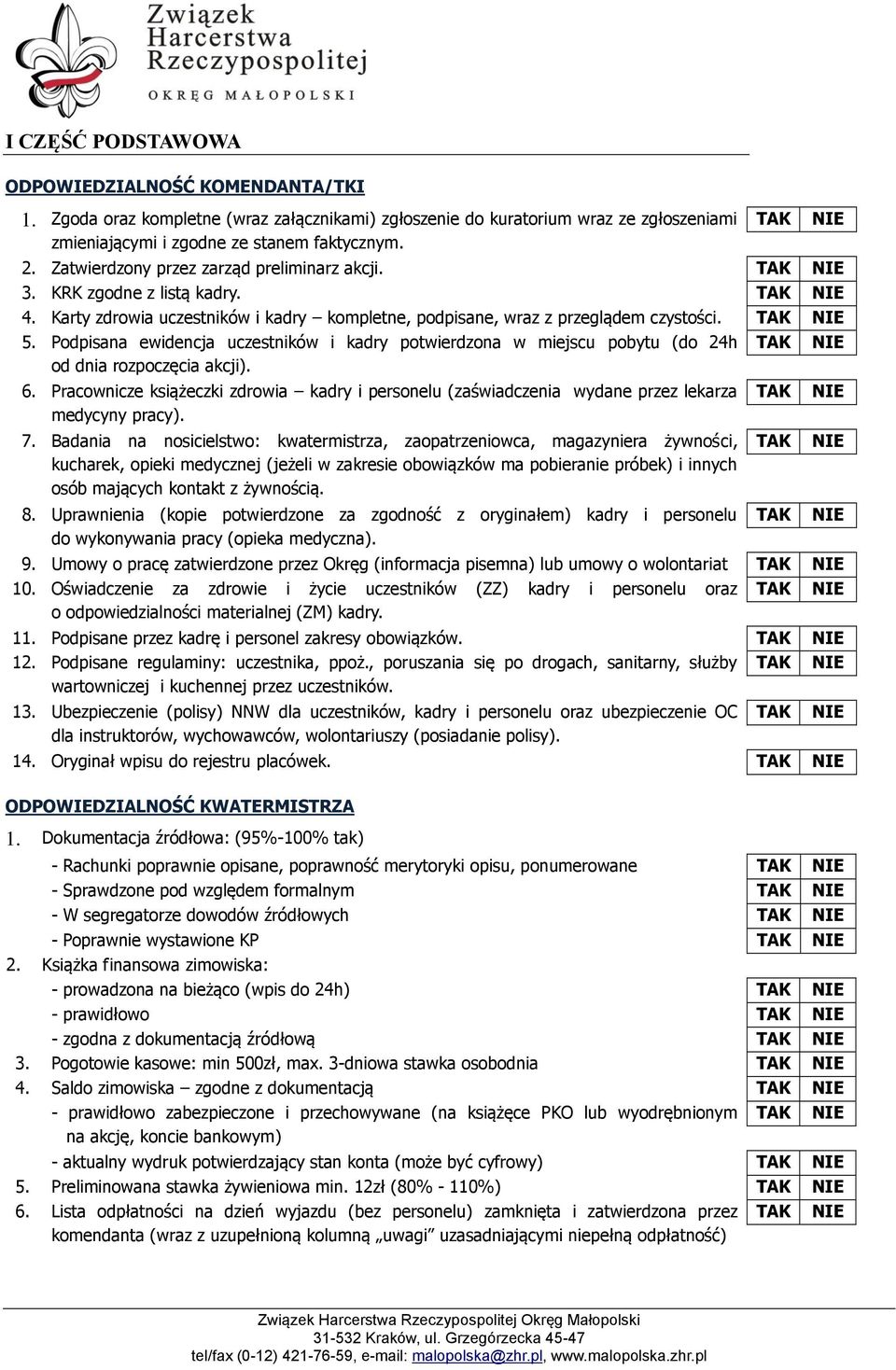 Podpisana ewidencja uczestników i kadry potwierdzona w miejscu pobytu (do 24h od dnia rozpoczęcia akcji). 6.