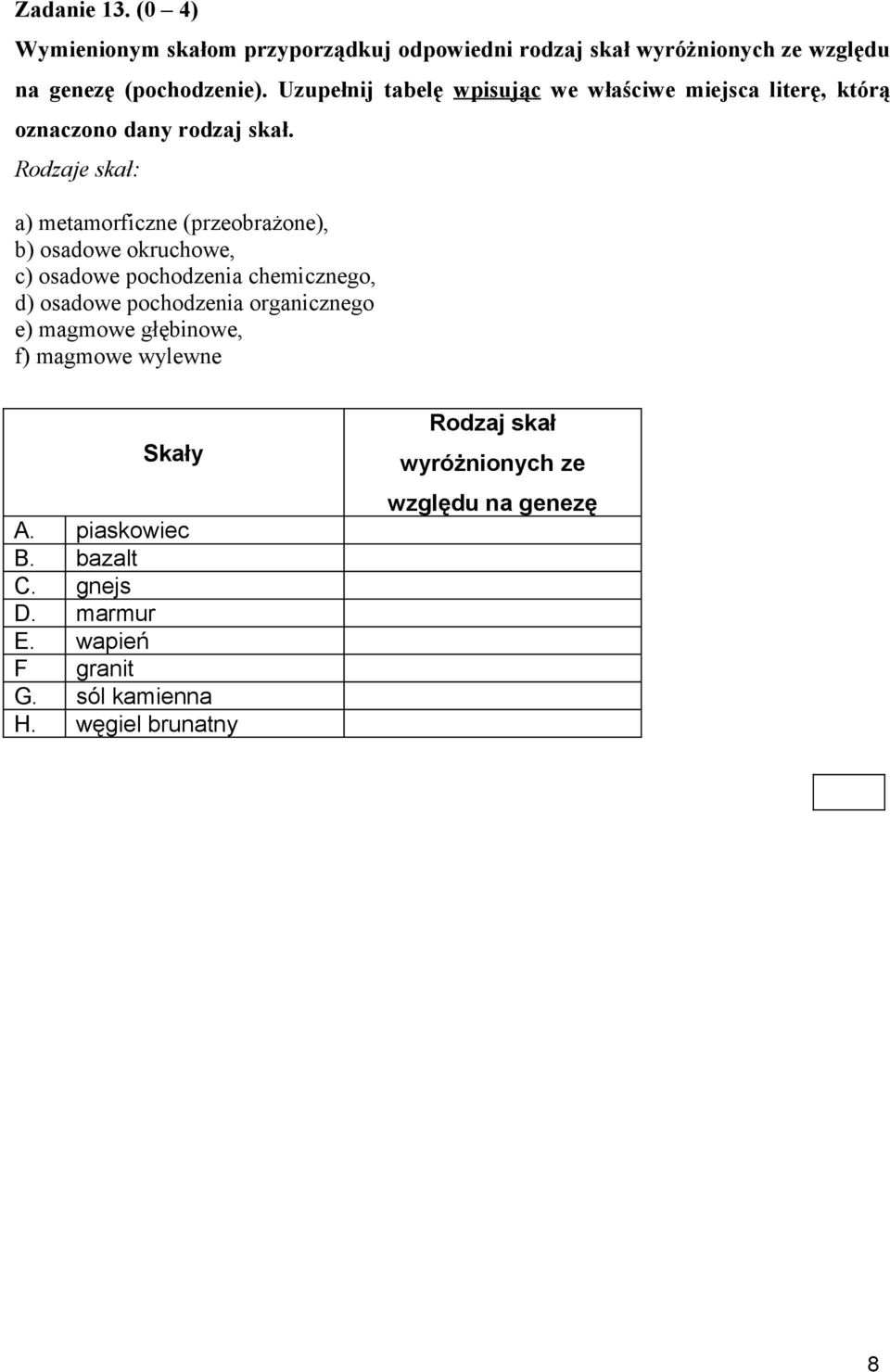 Rodzaje skał: a) metamorficzne (przeobrażone), b) osadowe okruchowe, c) osadowe pochodzenia chemicznego, d) osadowe pochodzenia