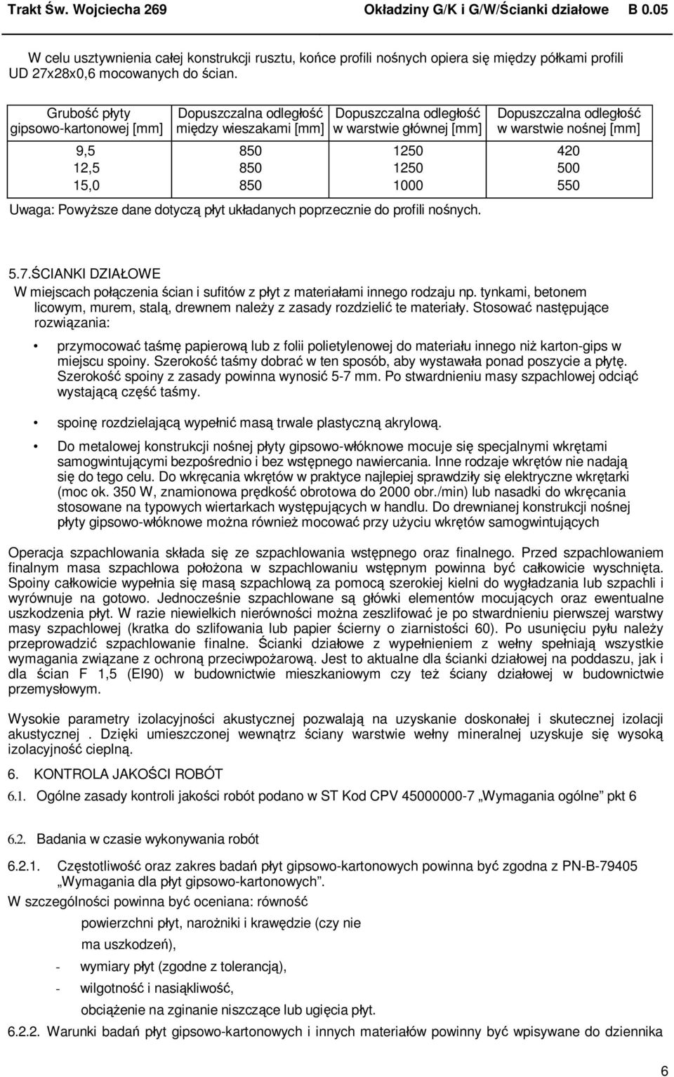 [mm] 420 500 550 Uwaga: Powy sze dane dotycz p yt uk adanych poprzecznie do profili no nych. 5.7. CIANKI DZIA OWE W miejscach po czenia cian i sufitów z p yt z materia ami innego rodzaju np.