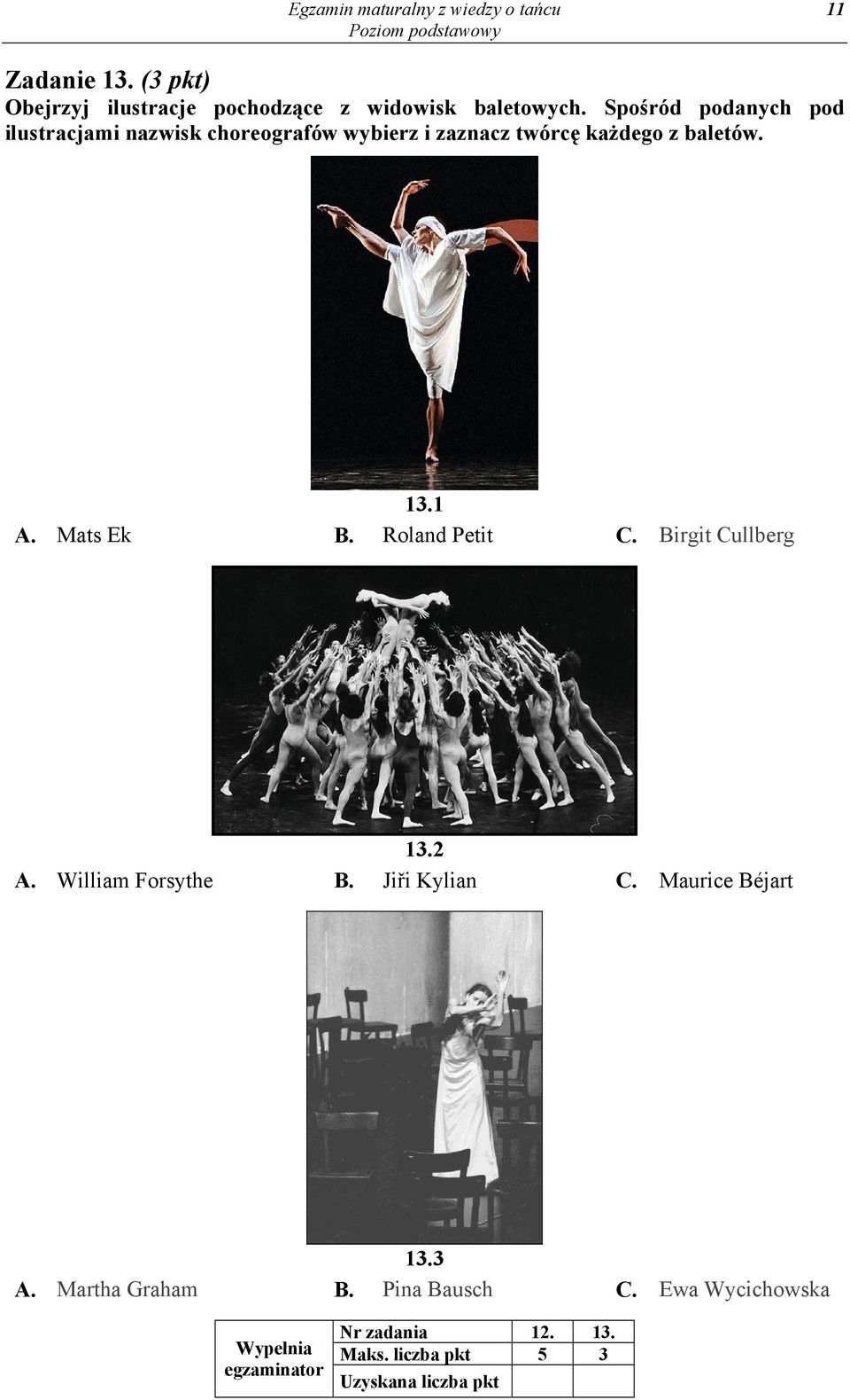 Mats Ek B. Roland Petit C. Birgit Cullberg 13.2 A. William Forsythe B. Jiři Kylian C. Maurice Béjart 13.3 A.