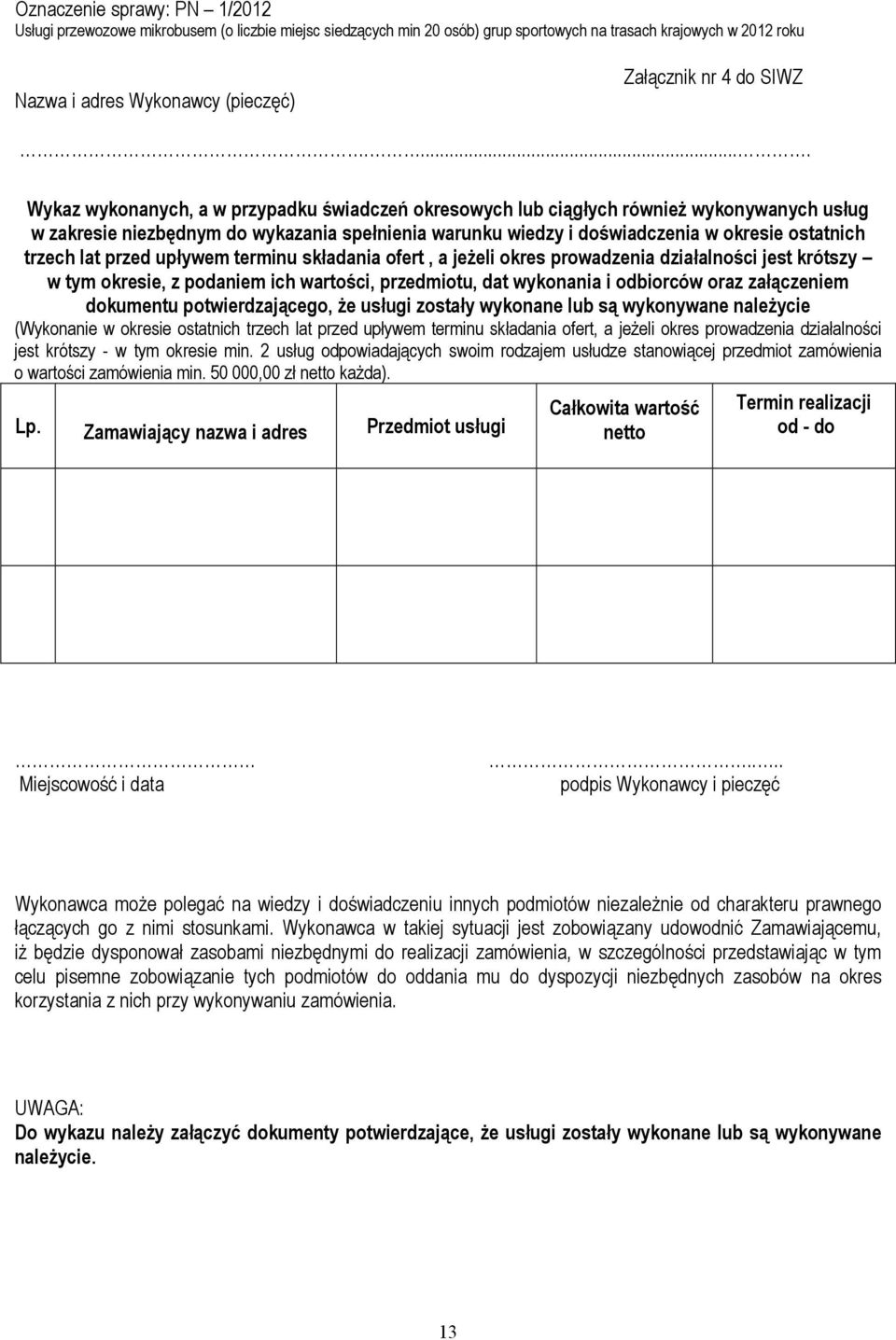.... Wykaz wykonanych, a w przypadku świadczeń okresowych lub ciągłych również wykonywanych usług w zakresie niezbędnym do wykazania spełnienia warunku wiedzy i doświadczenia w okresie ostatnich