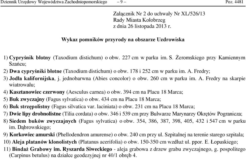 Żeromskiego przy Kamiennym Szańcu; 2) Dwa cypryśniki błotne (Taxodium distichum) o obw. 178 i 252 cm w parku im. A. Fredry; 3) Jodła kalifornijska, j. jednobarwna (Abies concolor) o obw.