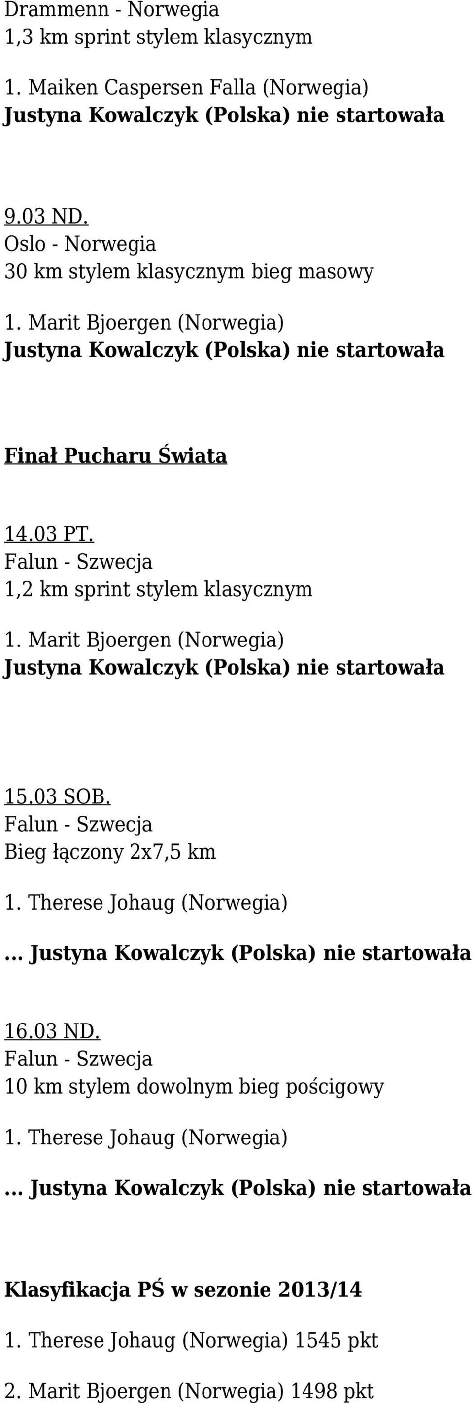 Falun - Szwecja 1,2 km sprint stylem klasycznym 15.03 SOB. Falun - Szwecja Bieg łączony 2x7,5 km 1.