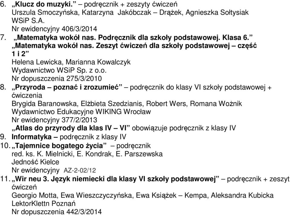 Przyroda poznać i zrozumieć podręcznik do klasy VI szkoły + ćwiczenia Brygida Baranowska, Elżbieta Szedzianis, Robert Wers, Romana Wożnik Wydawnictwo Edukacyjne WIKING Wrocław Nr ewidencyjny