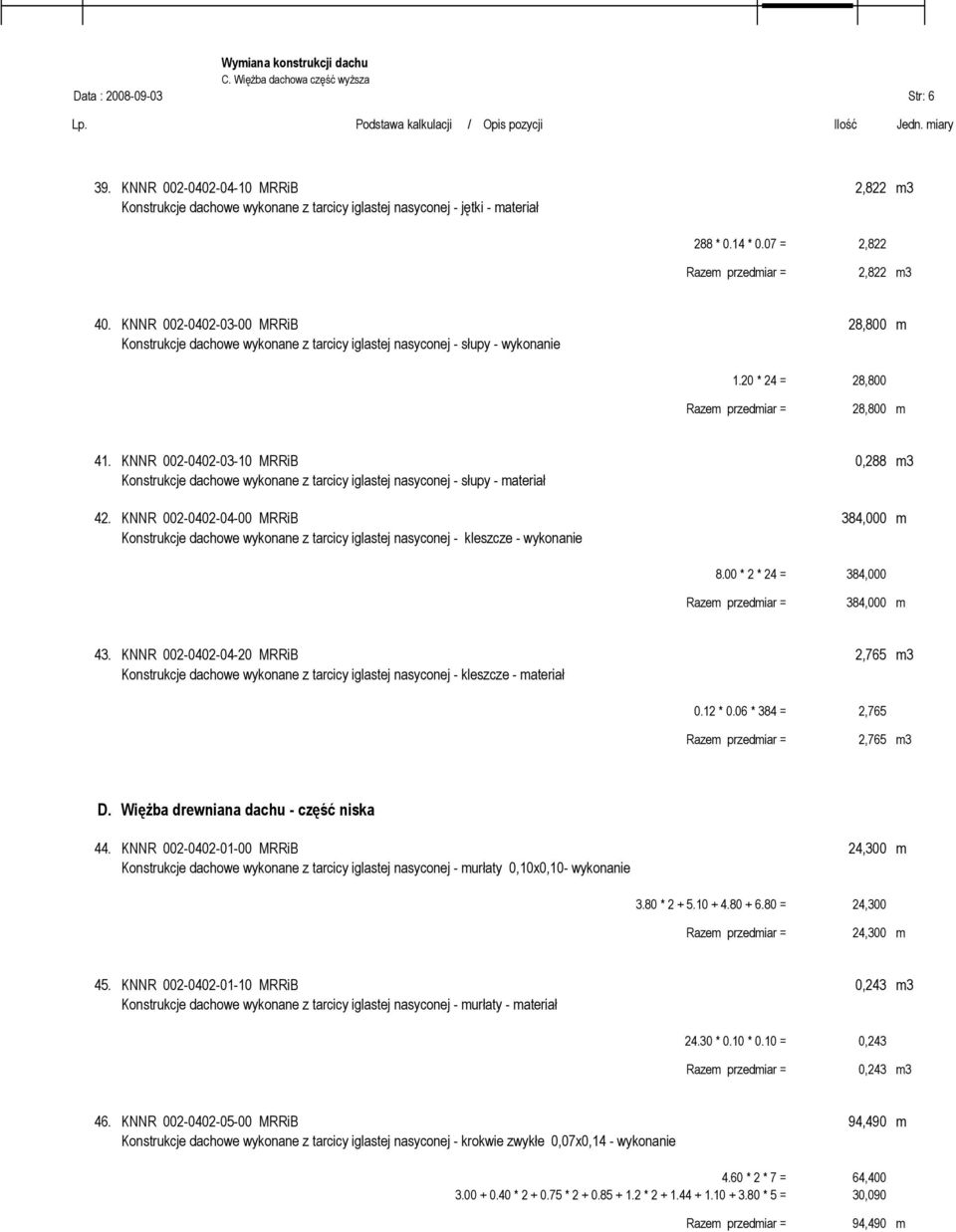 20 * 24 = 28,800 Razem przedmiar = 28,800 m 41. KNNR 002-0402-03-10 MRRiB 0,288 m3 Konstrukcje dachowe wykonane z tarcicy iglastej nasyconej - słupy - materiał 42.