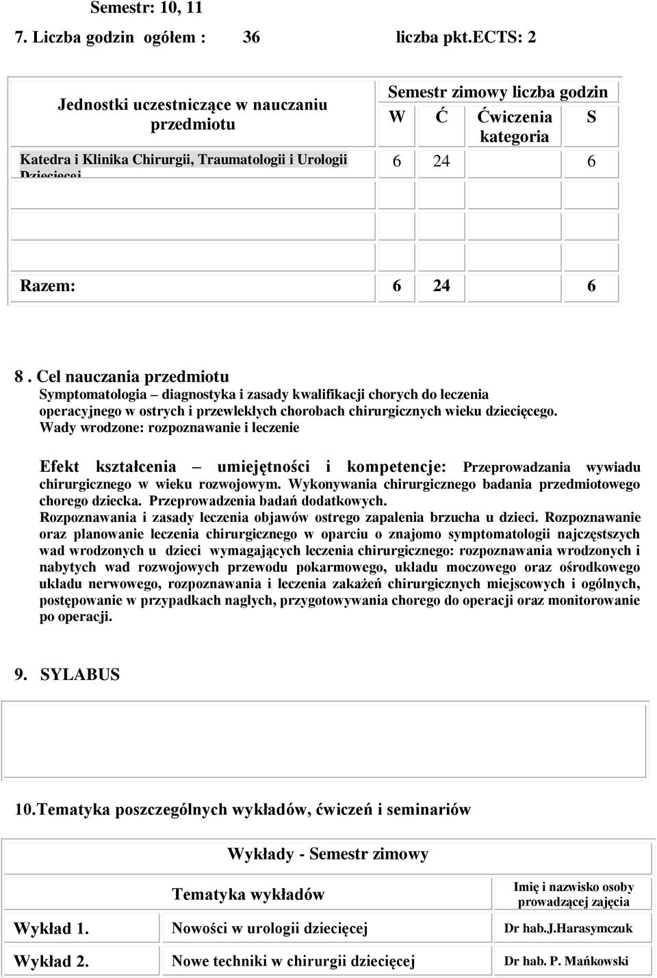 Cel nauczania przedmiotu Symptomatologia diagnostyka i zasady kwalifikacji chorych do leczenia operacyjnego w ostrych i przewlekłych chorobach chirurgicznych wieku dziecięcego.