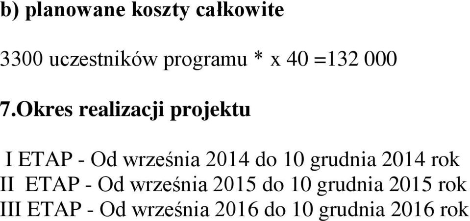 Okres realizacji projektu I ETAP - Od września 2014 do 10