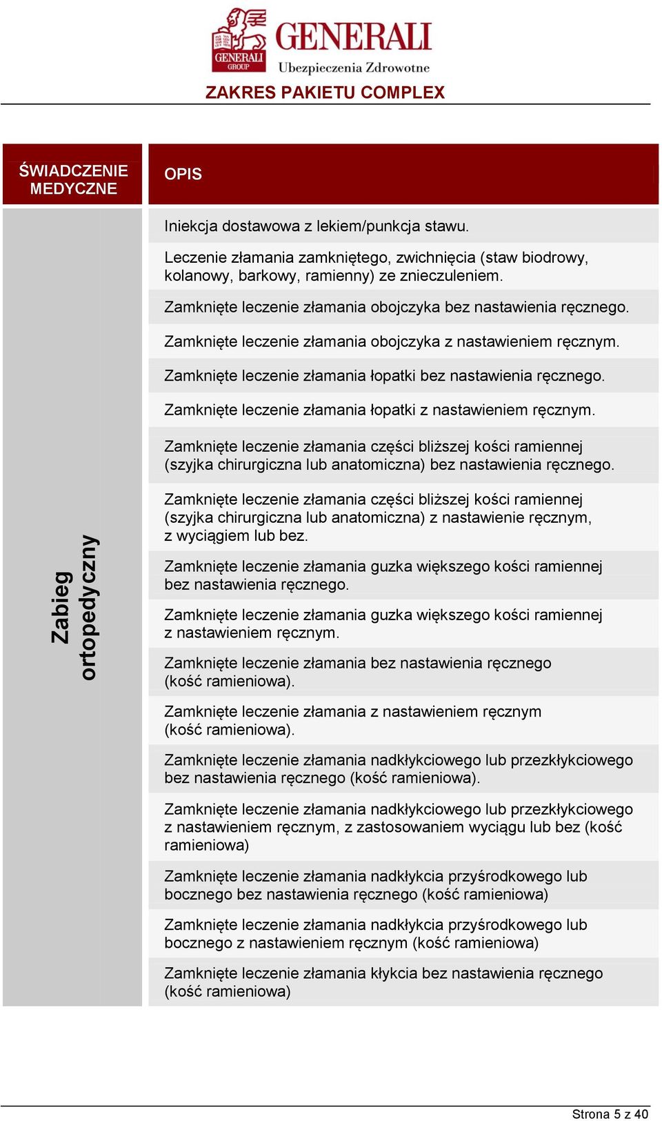 Zamknięte leczenie złamania łopatki z nastawieniem ręcznym. Zamknięte leczenie złamania części bliższej kości ramiennej (szyjka chirurgiczna lub anatomiczna) bez nastawienia ręcznego.
