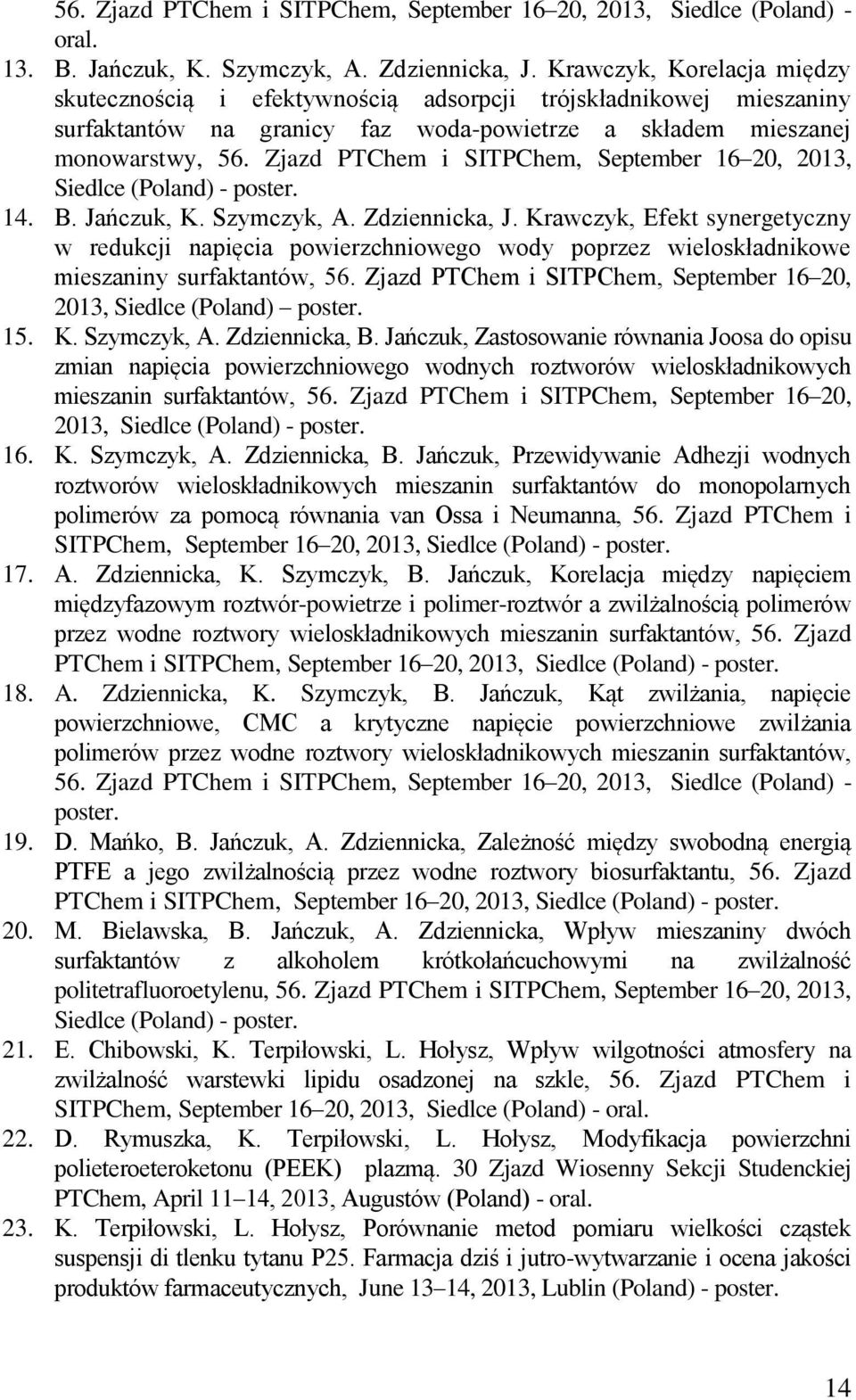 Zjazd PTChem i SITPChem, September 16 20, 2013, Siedlce (Poland) - poster. 14. B. Jańczuk, K. Szymczyk, A. Zdziennicka, J.
