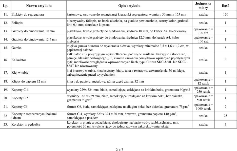 Grzbiety do bindowania 0 mm plastikowe, trwałe grzbiety do bindowania, średnica 0 mm, do kartek A4, kolor czarny 4. Grzbiety do bindowania,5 mm 5. Gumka 6. Kalkulator 7.